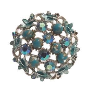 Vintage Blue Aurora Borealis Round Brooch, 2.5" Diameter